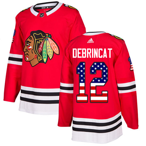 Adidas Blackhawks #12 Alex DeBrincat Red Home Authentic USA Flag Stitched NHL Jersey - Click Image to Close